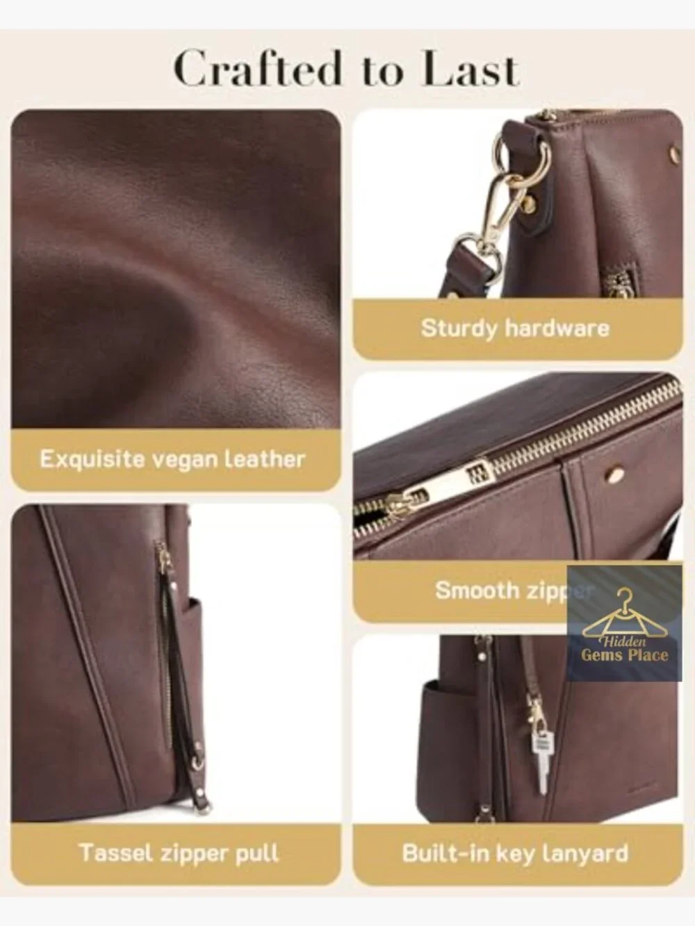 Large Vegan Leather Hobo Bag Crossbody Shoulder Tote Multi-Pockets